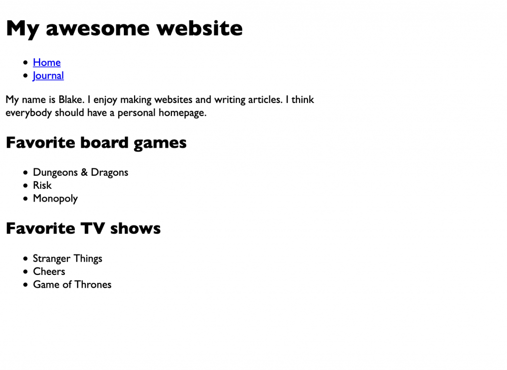 A screenshot of the webpage with the font changed and the body width narrowed, aligned toward the left side of the window.