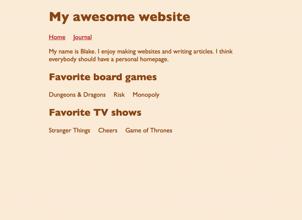 Screenshot of webpage showing the menu links sitting horizontally in a row. The page has two other lists which are now also sitting horizontally without bullets.