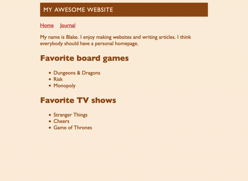 Screenshot of the webpage. The main heading now appears inside of a dark box with light, all-caps text.